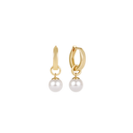 Gold hoop earrings with pearl drops on a white background. Available at Be Charmed