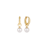 Gold hoop earrings with pearl drops on a white background. Available at Be Charmed