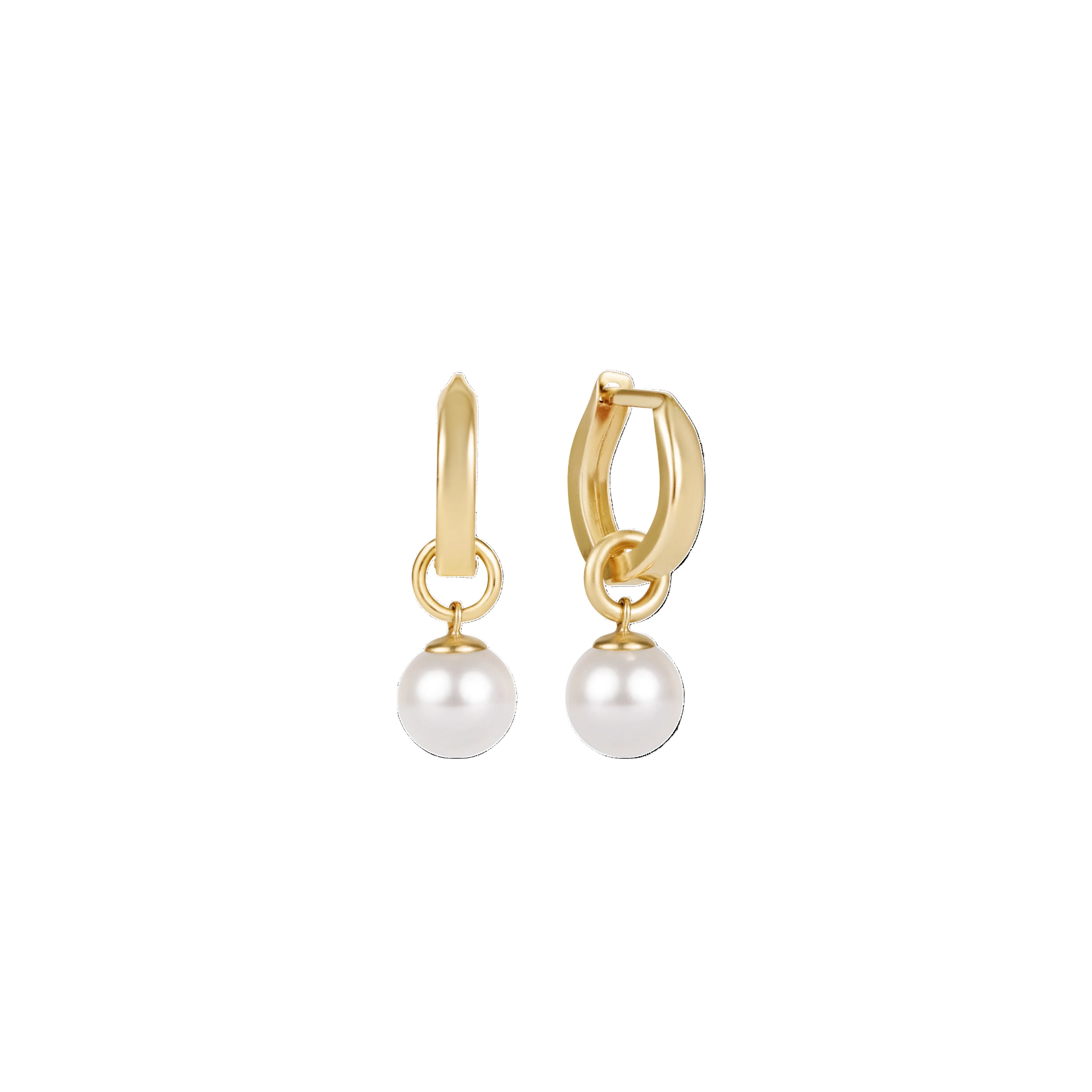 Gold hoop earrings with pearl drops on a white background. Available at Be Charmed