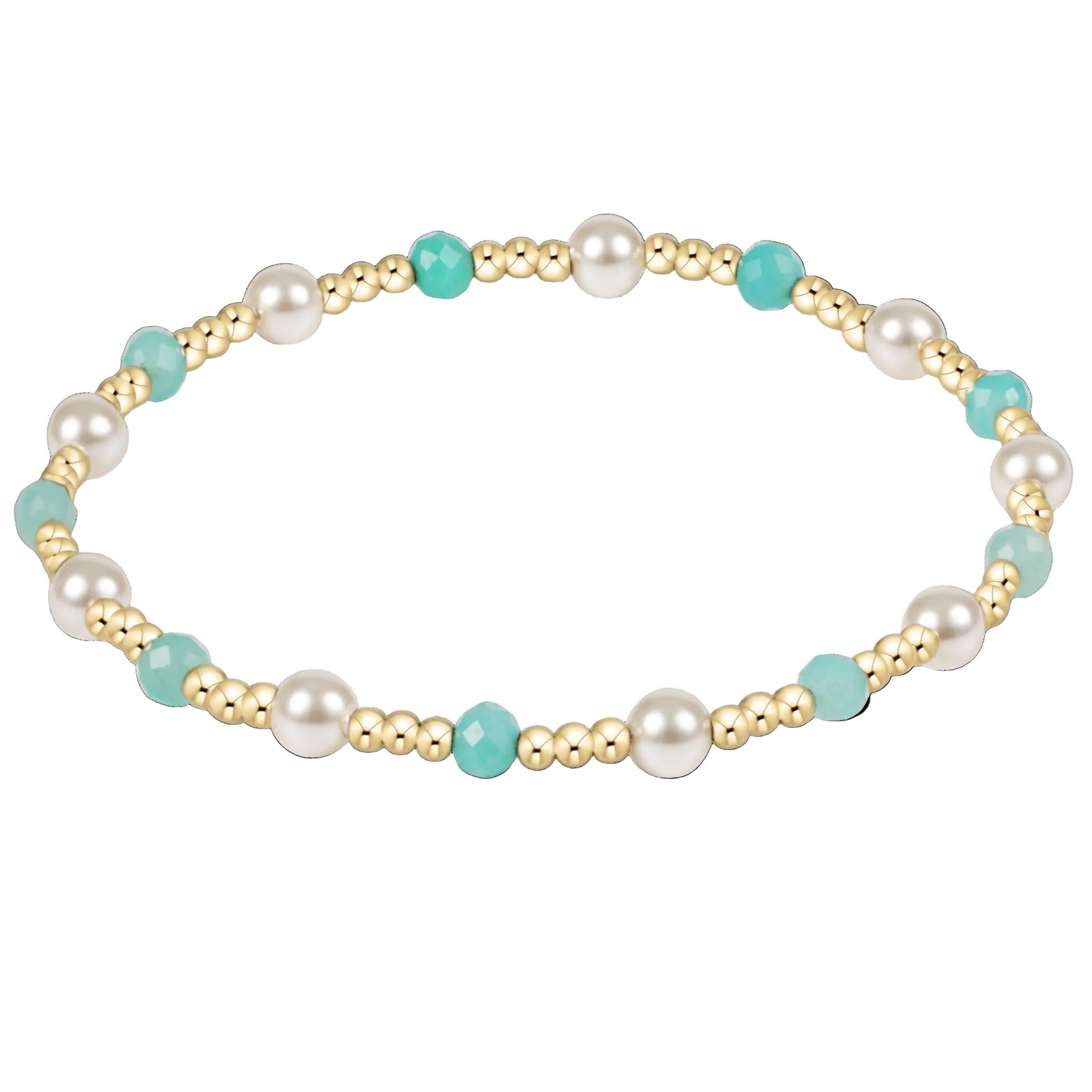 Gold bracelet with pearls and amazonite beads on a white background. Available at Be Charmed