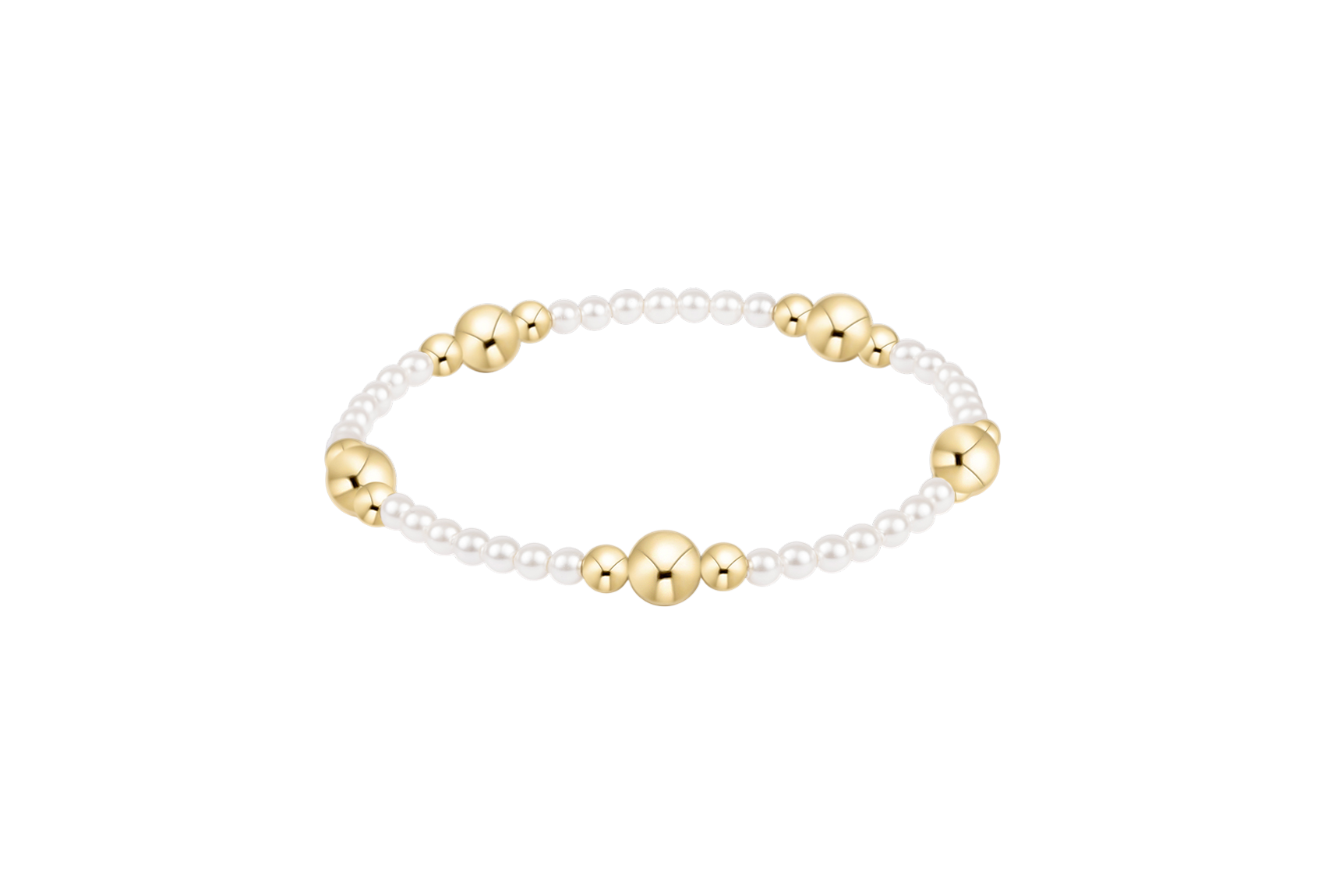 Bracelet with alternating gold and pearl beads on a white background. Available at Be Charmed