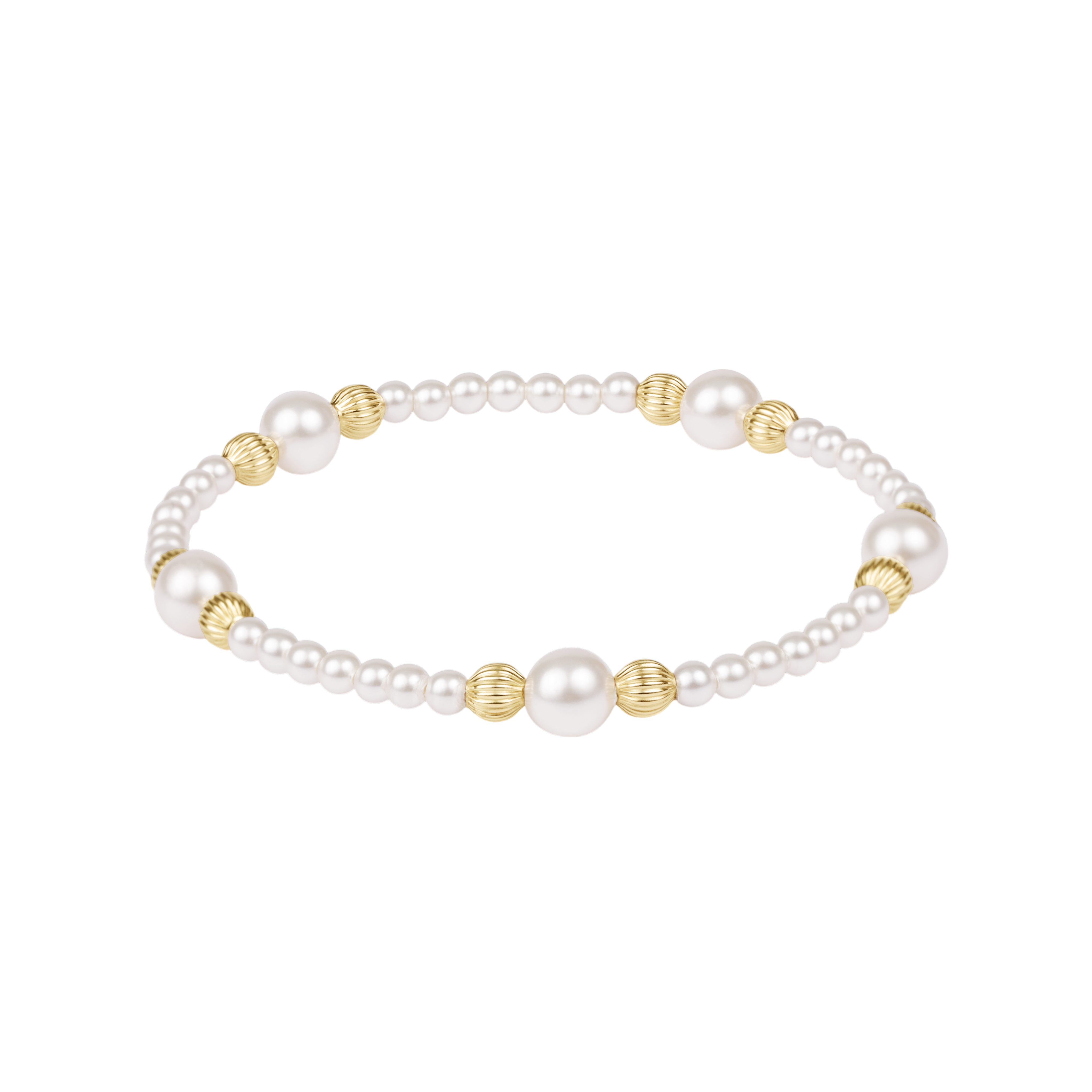 Pearl bracelet with gold beads on a white background. Available at Be Charmed