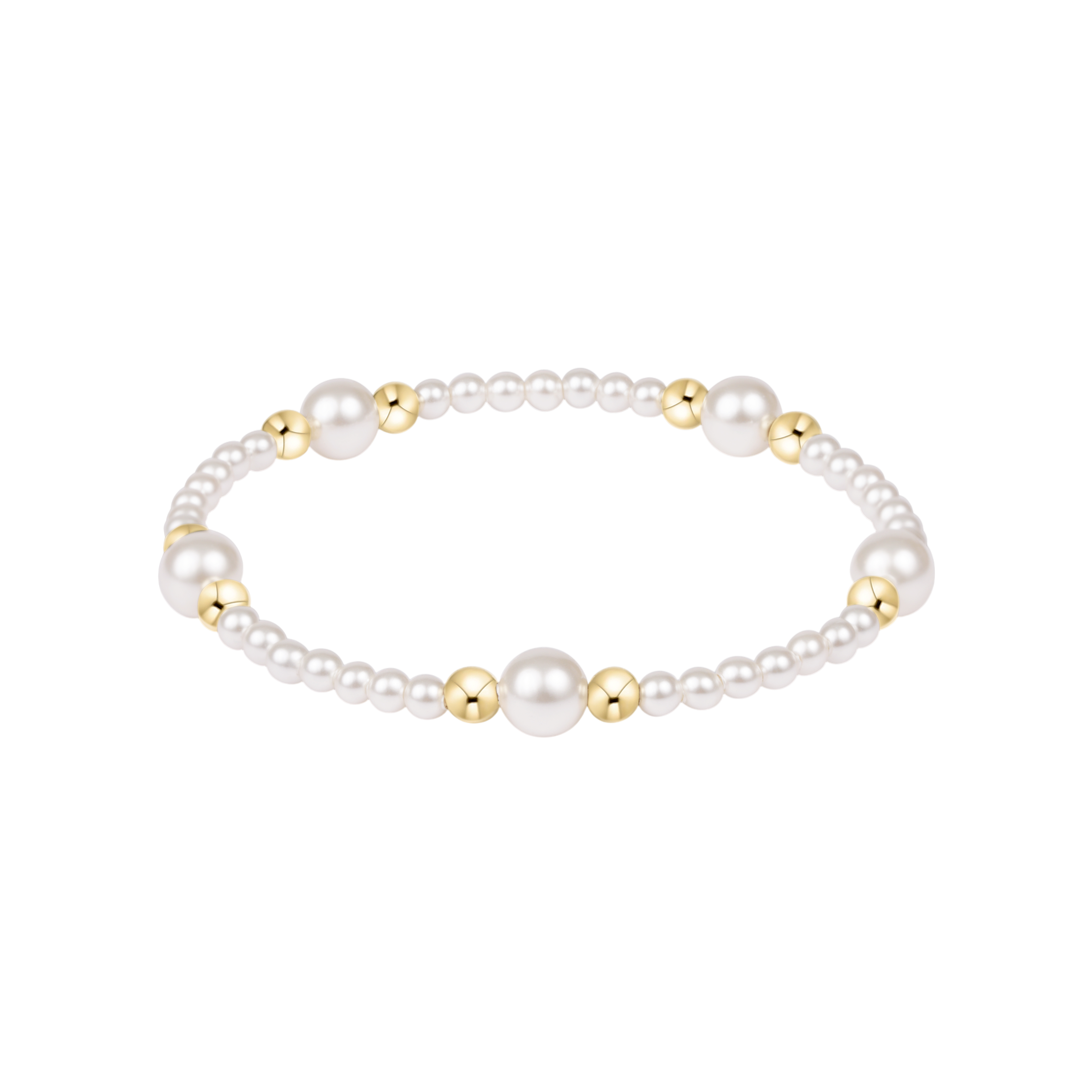 Pearl bracelet with gold accents on a white background. Available at Be Charmed