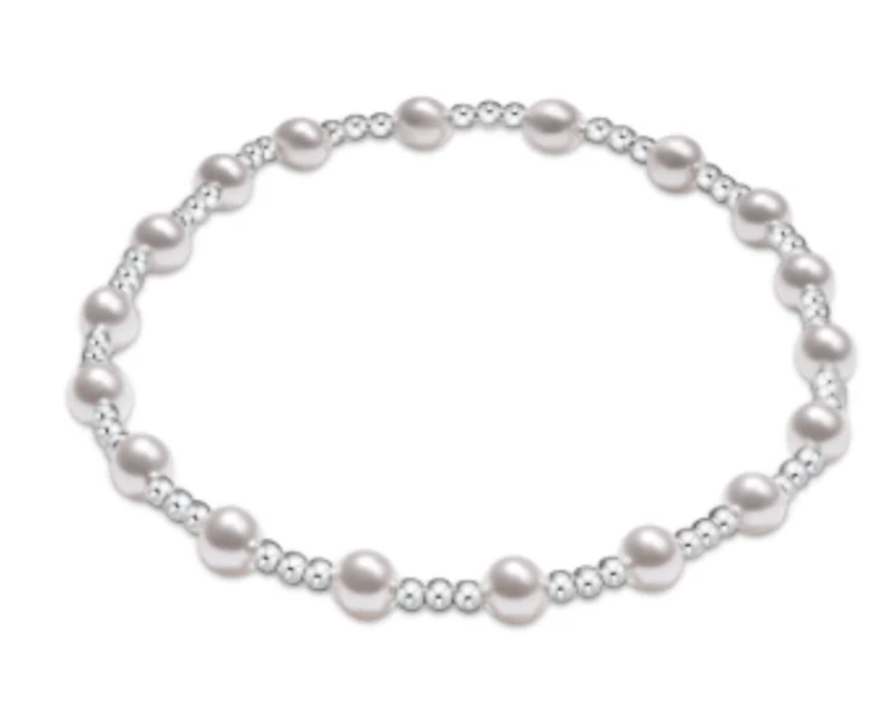 An enewton Sterling Silver bracelet featuring 4mm pearl beads and 2mm Sterling Silver beads, hand-strung on elastic for slight stretch.