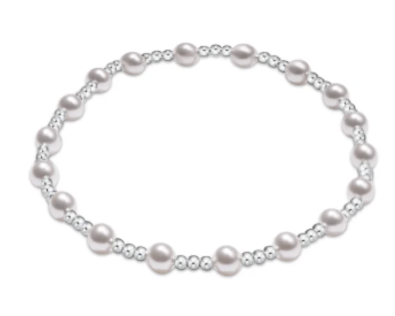 An enewton Sterling Silver bracelet featuring 4mm pearl beads and 2mm Sterling Silver beads, hand-strung on elastic for slight stretch.