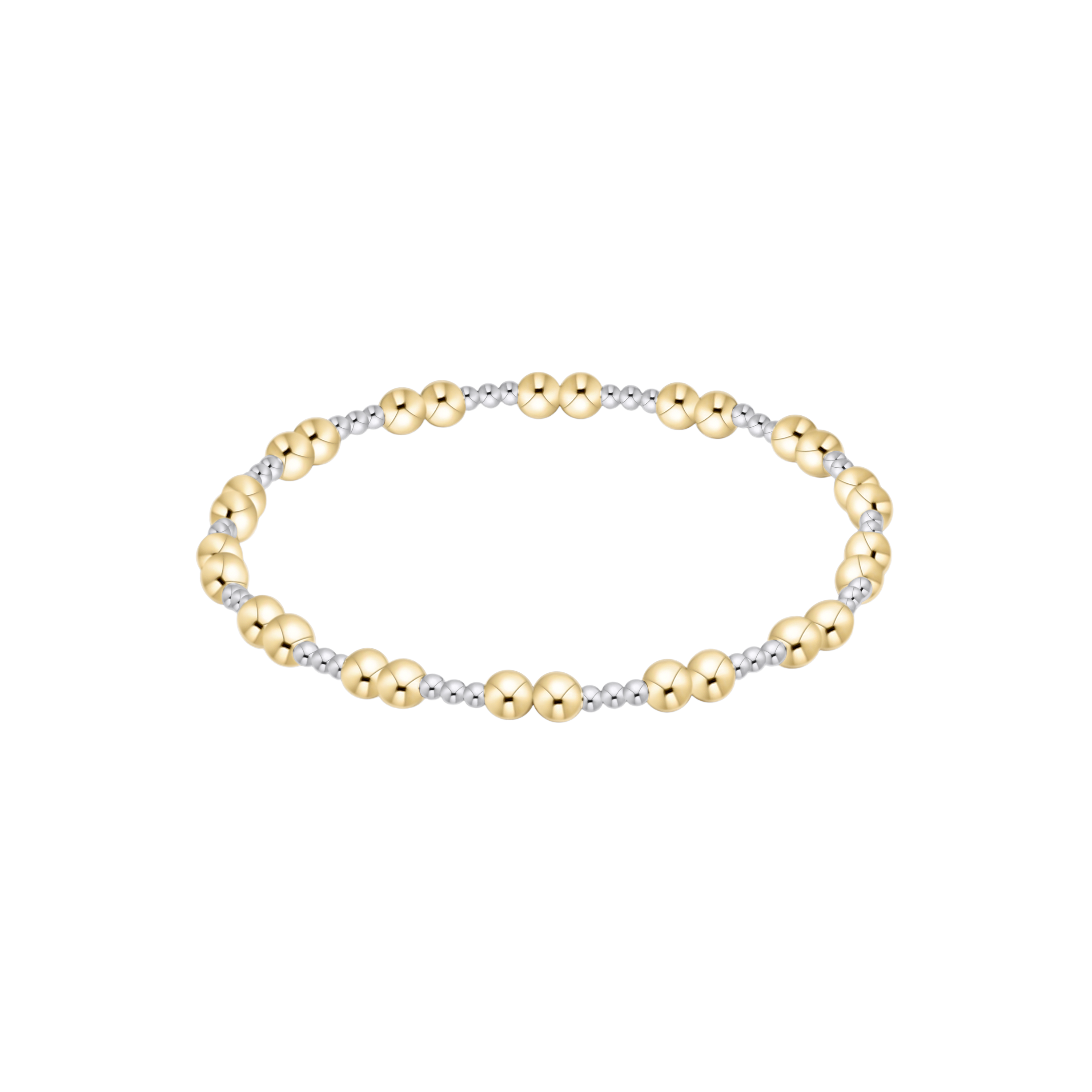 Gold and silver beaded bracelet on a white background. Available at Be Charmed