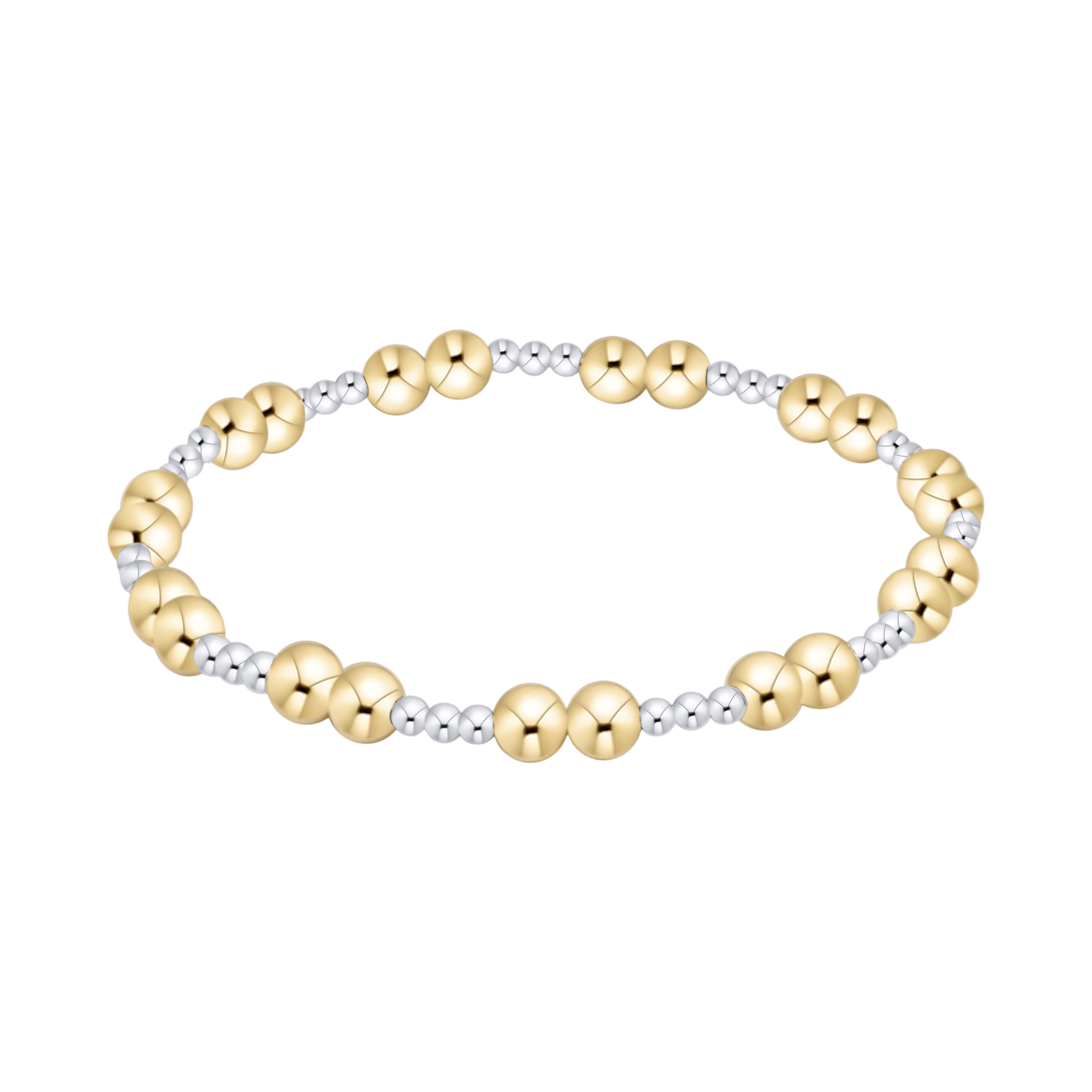 Gold and silver beaded bracelet on a white background. Available at Be Charmed