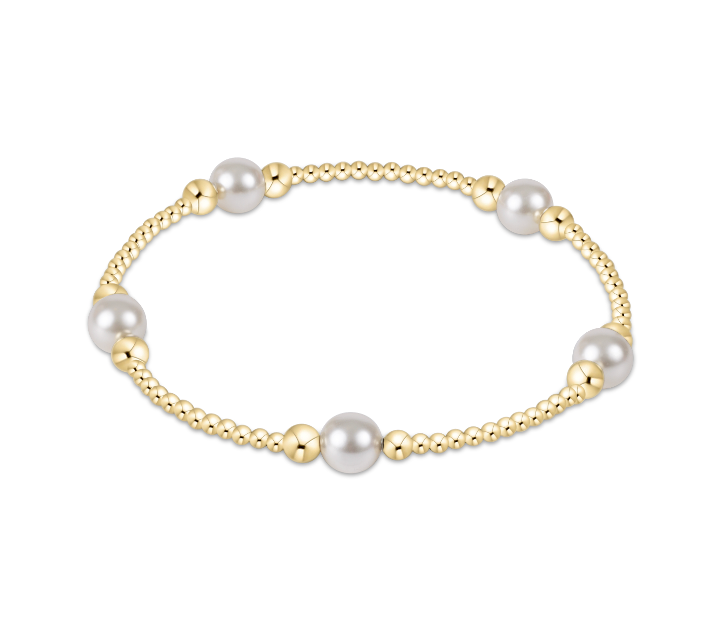 Gold and pearl bracelet on a white background. Available at Be Charmed