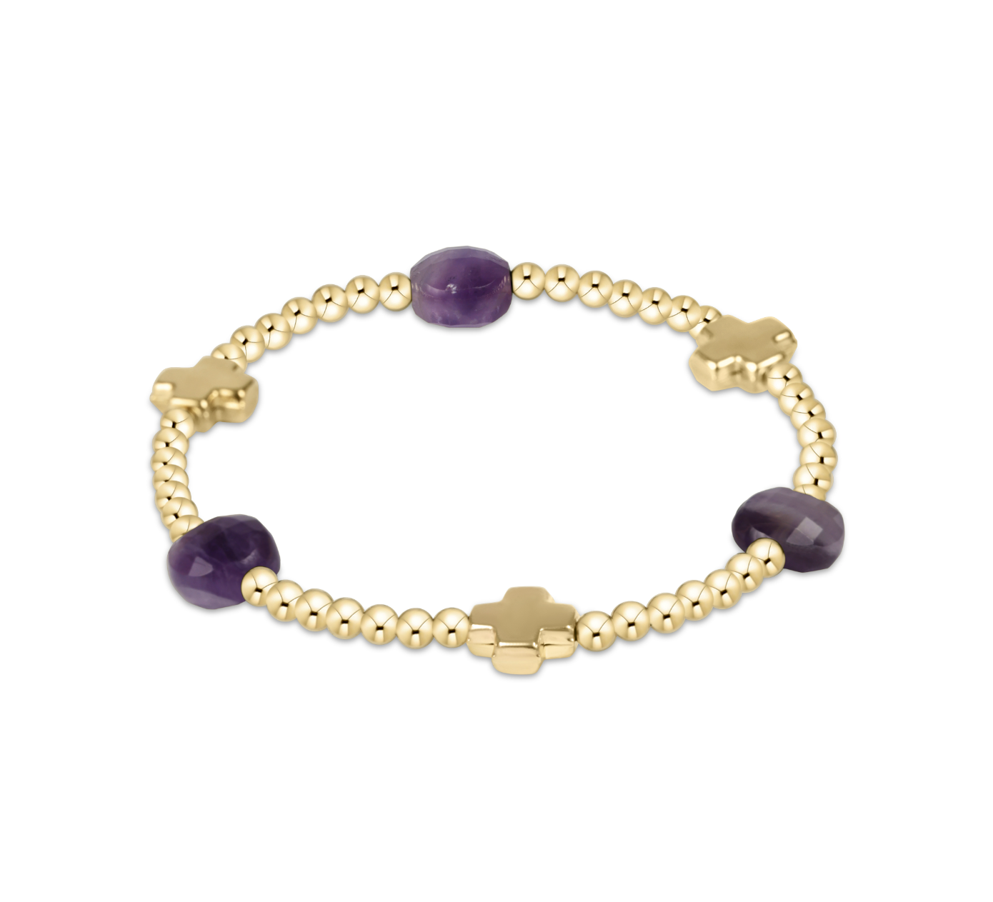 enewton Signature Cross Admire Gold Pattern 3mm Bead Bracelet in Amethyst—faith-inspired gemstone stacking bracelet with gold cross. Available at Be Charmed