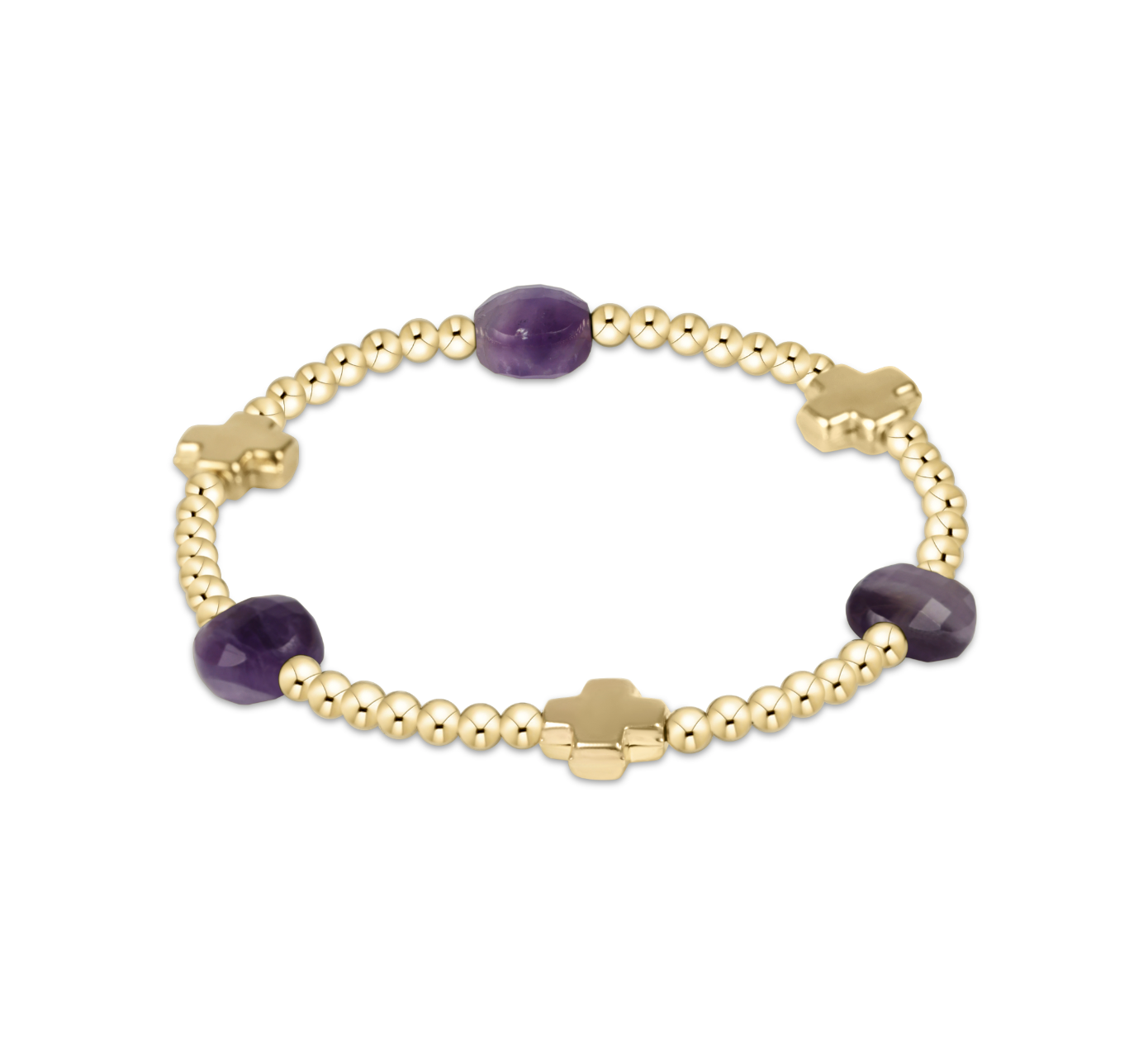 enewton Signature Cross Admire Gold Pattern 3mm Bead Bracelet in Amethyst—faith-inspired gemstone stacking bracelet with gold cross. Available at Be Charmed