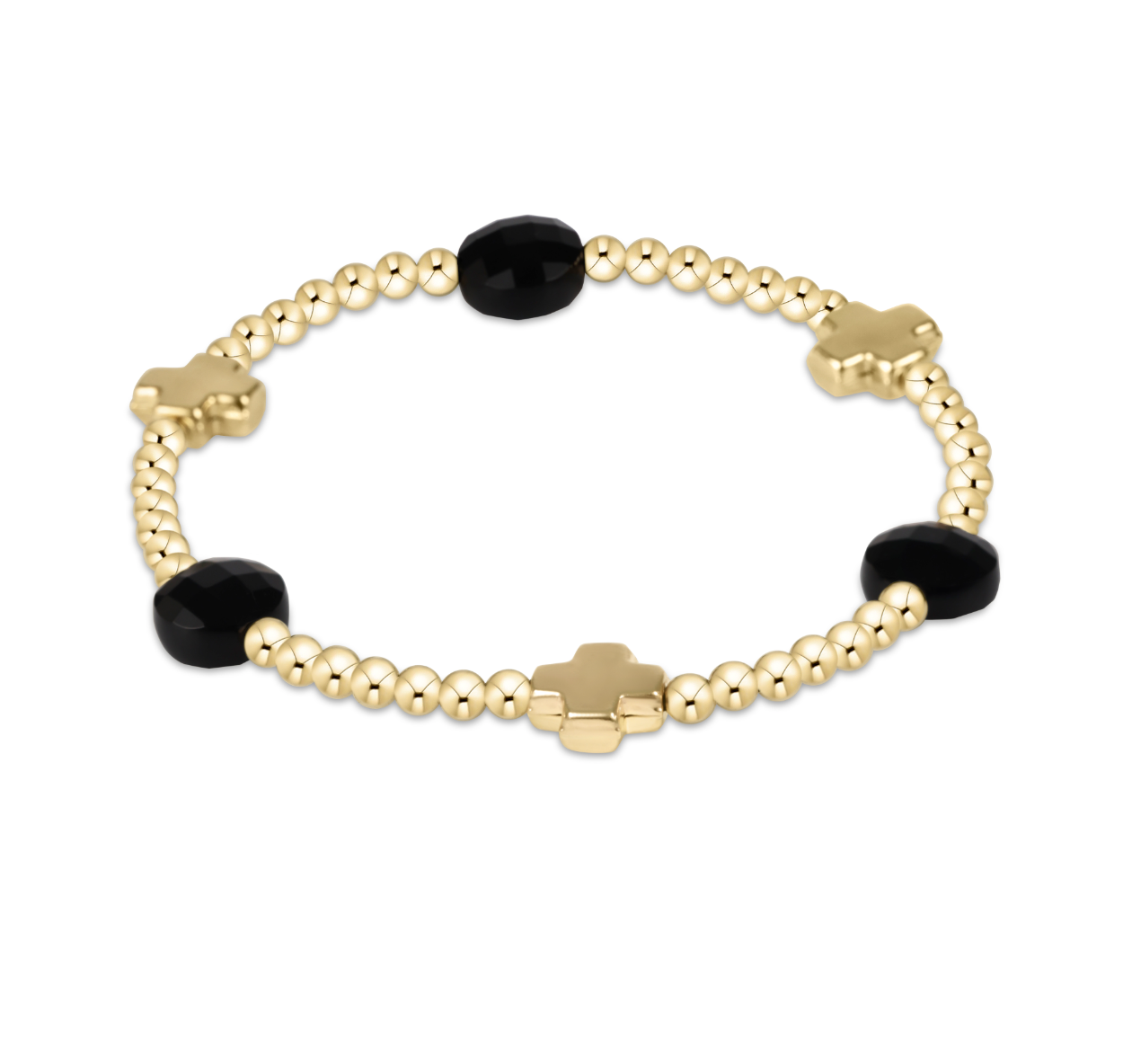 enewton Signature Cross Admire Gold Pattern 3mm Bead Bracelet in Faceted Onyx—faith-inspired black gemstone stacking bracelet with gold cross. Available at Be Charmed