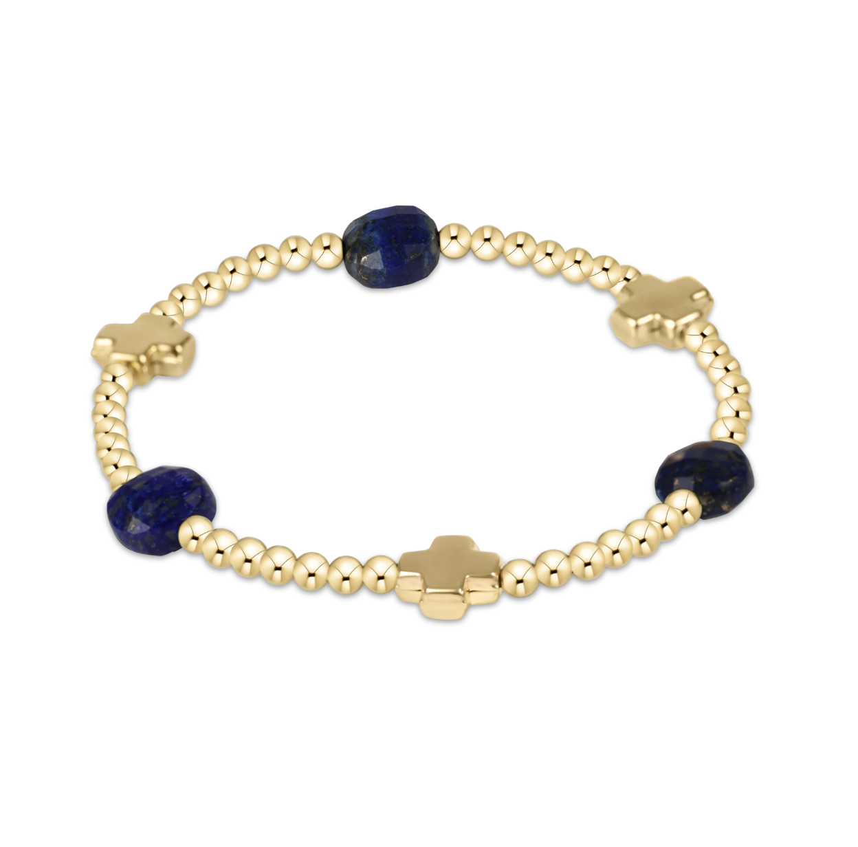 enewton Signature Cross Admire Gold Pattern 3mm Bead Bracelet in Lapis—faith-inspired blue gemstone stacking bracelet with gold cross. Available at Be Charmed