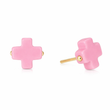 enewton Bright Pink cross-shaped earrings with gold posts on a white background. Available at Be Charmed