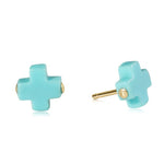 enewton Turquoise cross-shaped earrings with gold posts on a white background. Available at Be Charmed