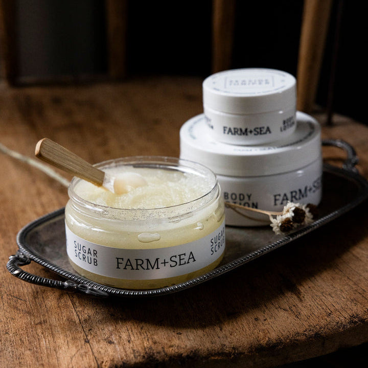Farm + Sea Beach Girl Sugar Scrub Pictured in tray on a table
