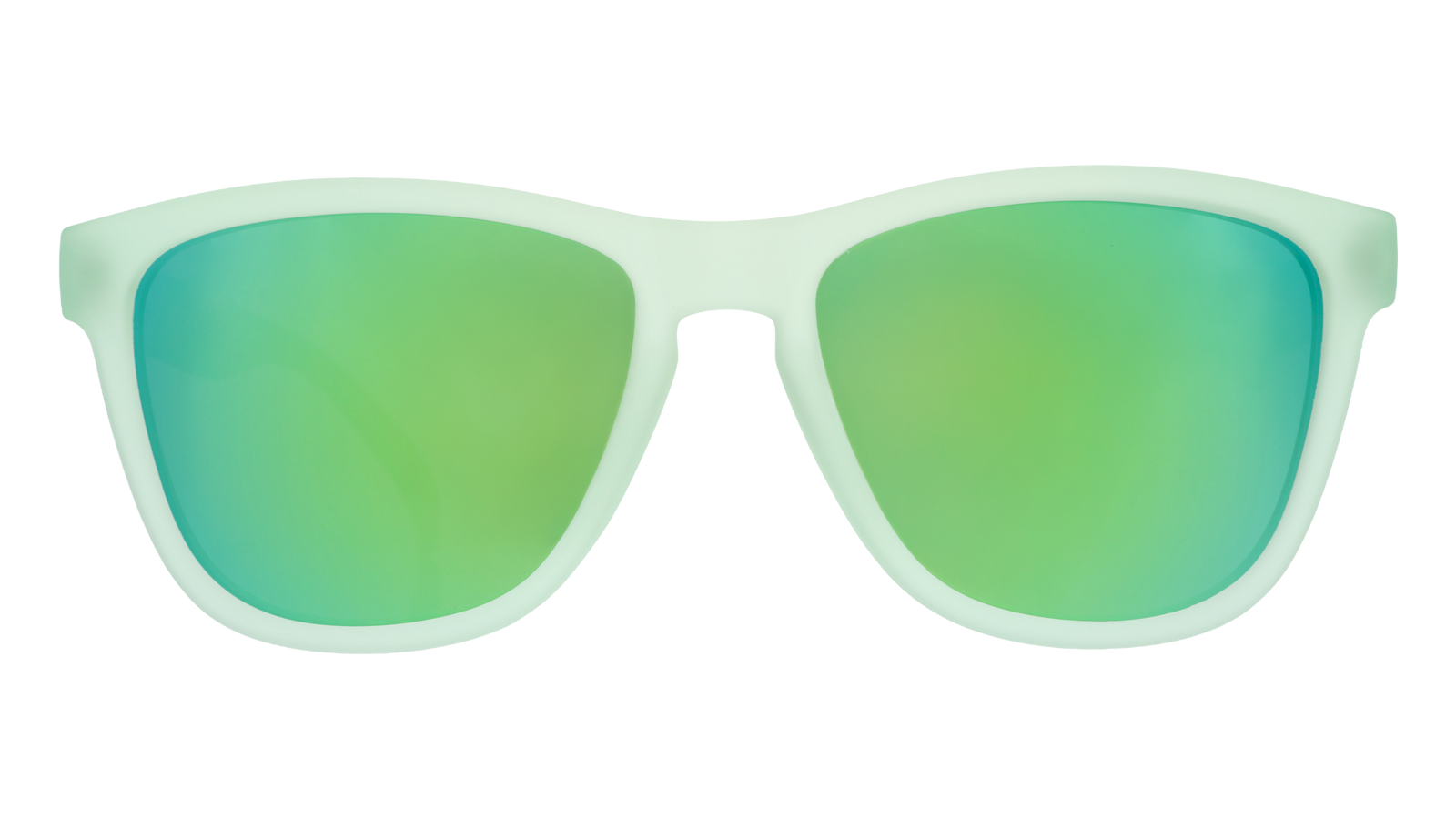 Sunglasses with green reflective lenses and white frame on a white background. Available at Be Charmed