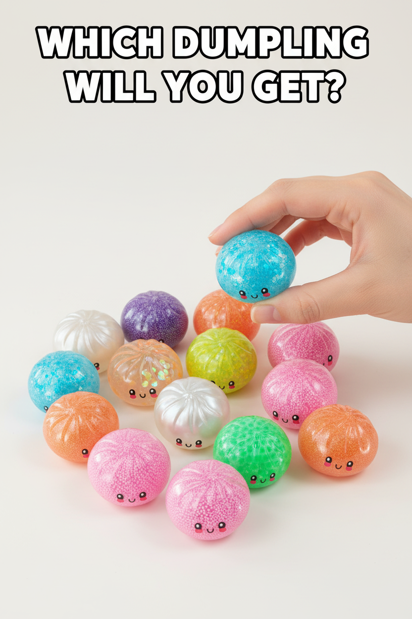 Colorful dumpling-shaped toys with a hand picking one up on a white background. Available at Be Charmed