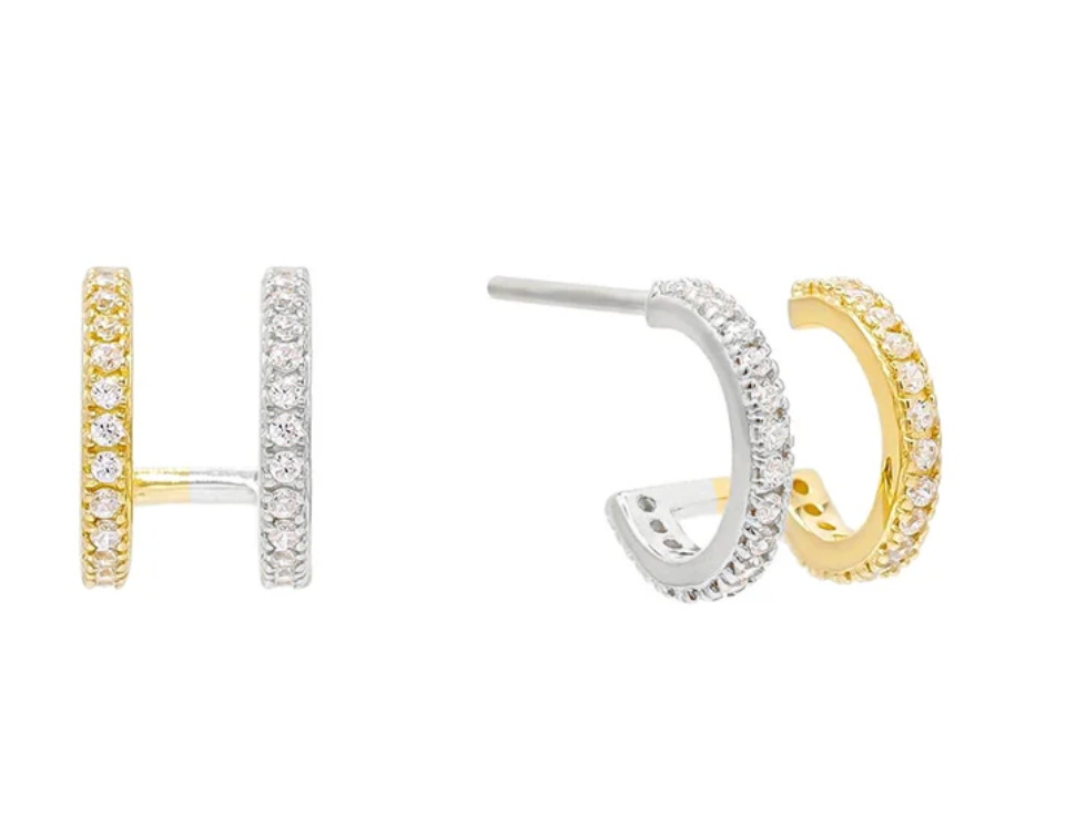 A set of three fyb Delaney Mixed Metal Huggie Earrings in gold, silver, and gold-tone colors, each featuring a row of cubic zirconia stones. Available at Be Charmed