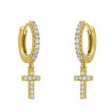 fyb Cross Huggie Earrings featuring delicate gold huggie hoops with a small cross charm, perfect for everyday wear, available at Be Charmed.