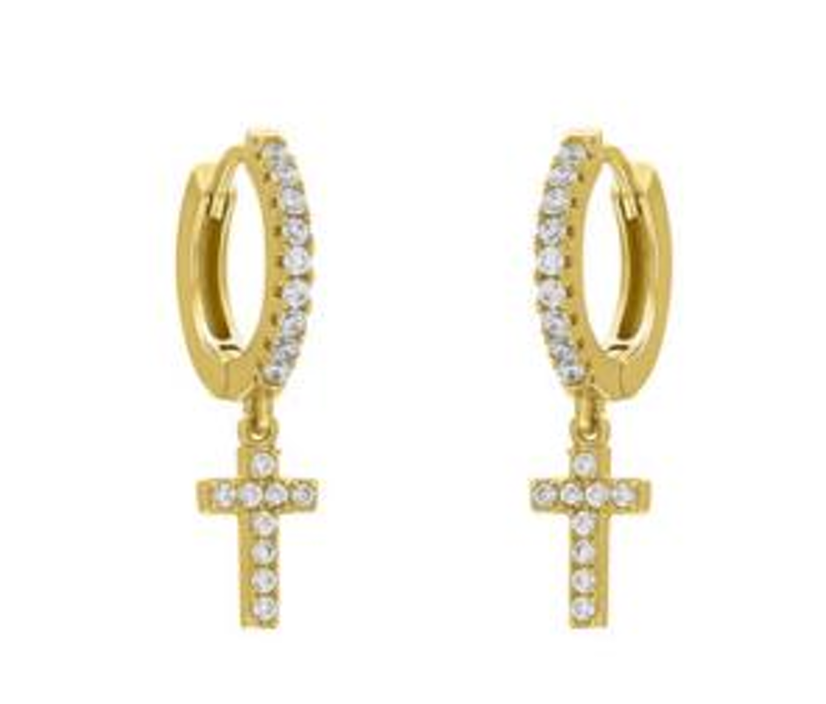 fyb Cross Huggie Earrings featuring delicate gold huggie hoops with a small cross charm, perfect for everyday wear, available at Be Charmed.