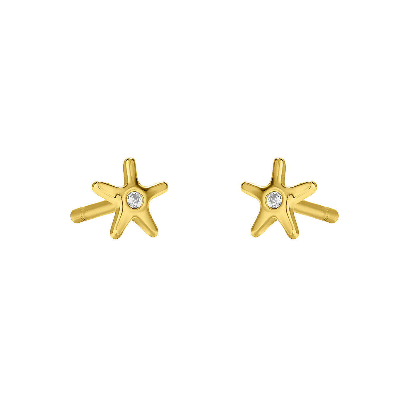 Gold fyb Petite Starfish Stud Earrings in 18k gold-plated sterling silver with cubic zirconia. Dainty coastal-inspired studs. Available at Be Charmed.