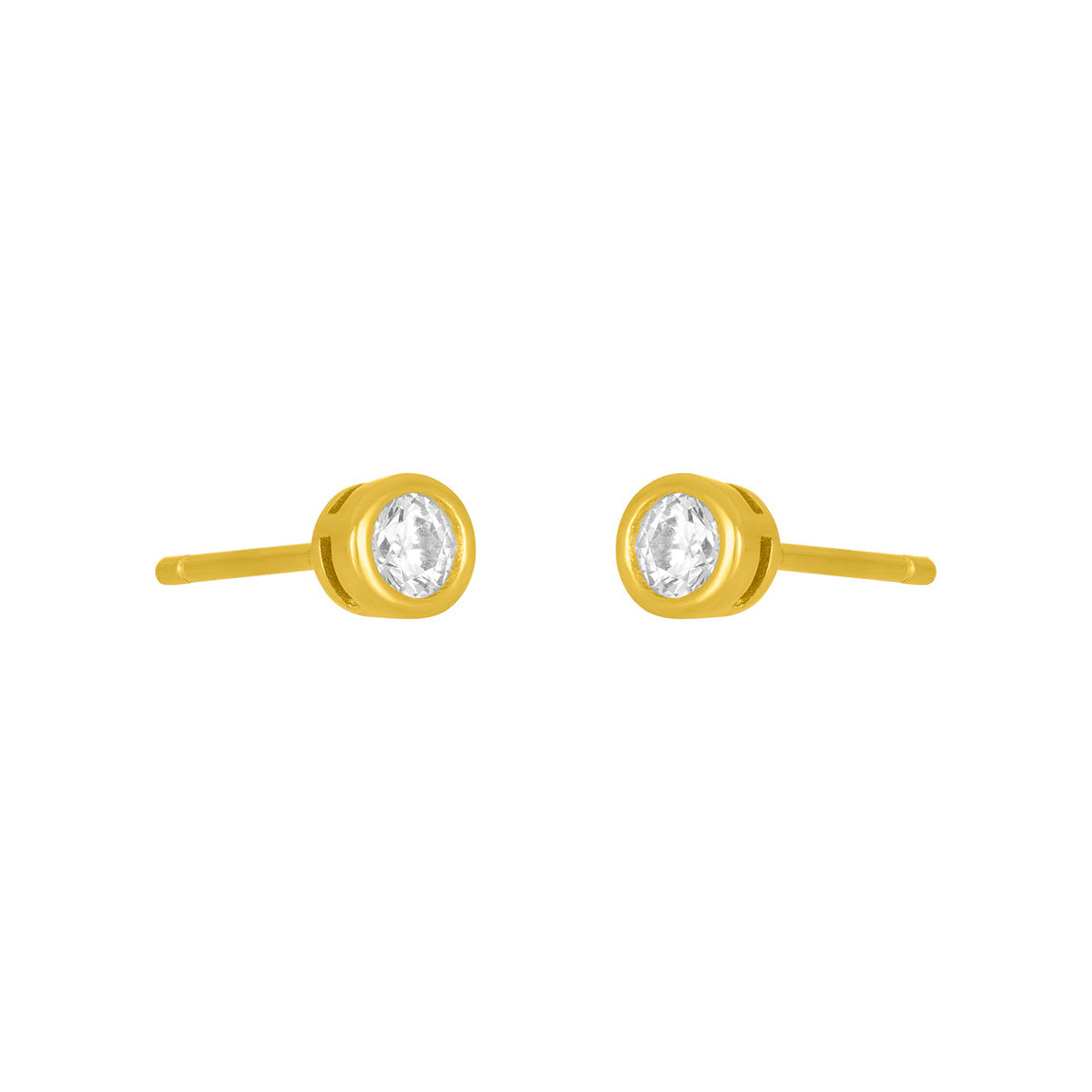 Gold fyb Marisol Bezel Stud Earrings in 3MM size, featuring bezel-set cubic zirconia in gold vermeil. Dainty, elegant studs perfect for layering. Available at Be Charmed.