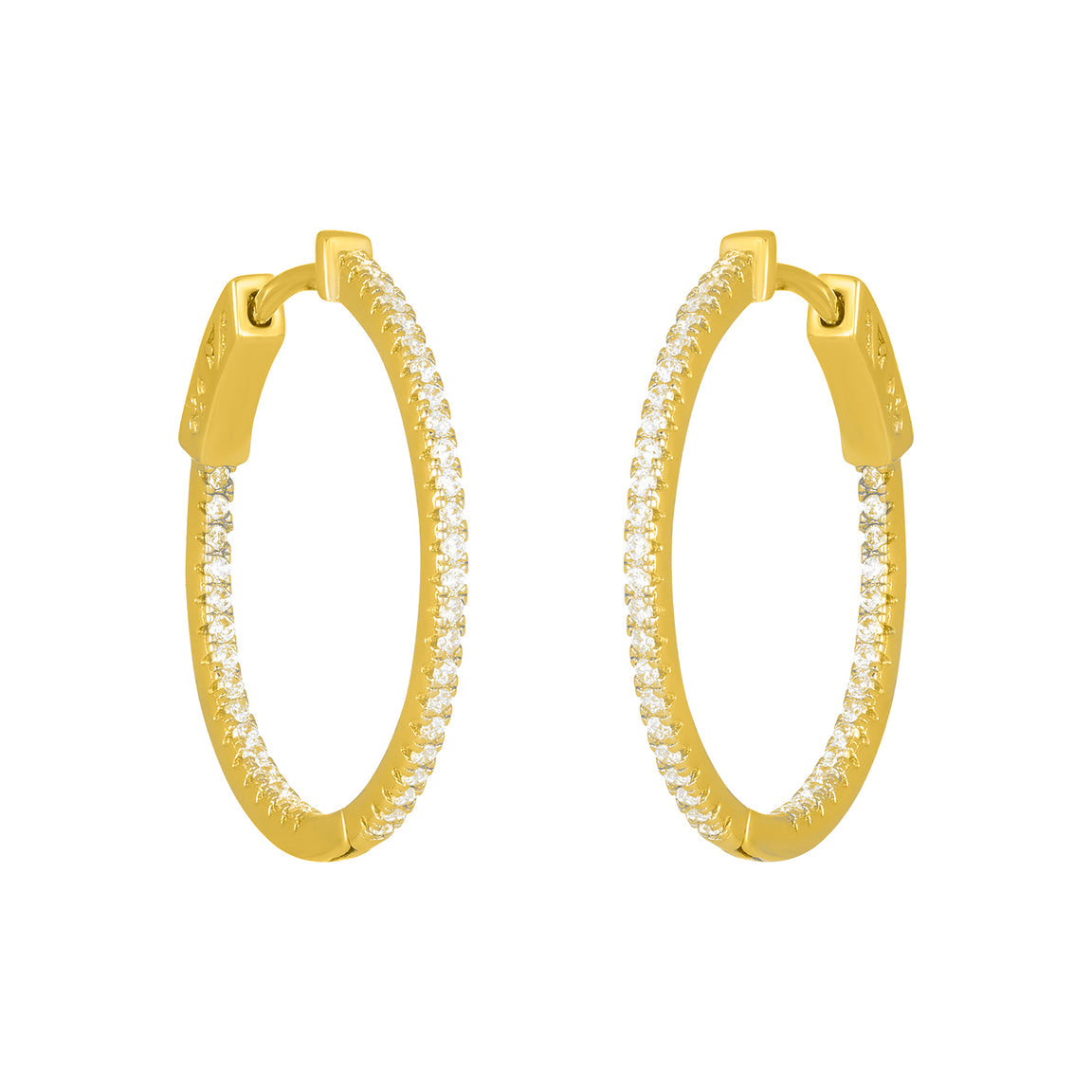 A pair of gold-colored hoop earrings with intricate detailing, designed to be stylish and elegant. Available at Be Charmed