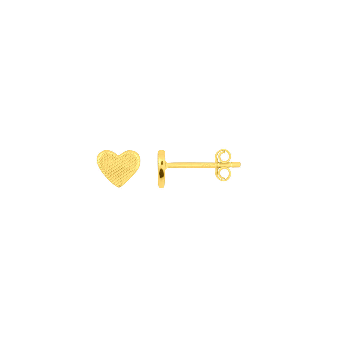 A gold-colored heart-shaped stud earring on a white background. Available at BE Charmed