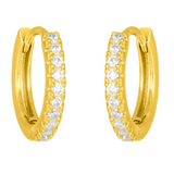 Gold fyb Petite Blythe Huggie Earrings in gold vermeil with sparkling cubic zirconia accents. Dainty, elegant hoops for daily wear. Available at Be Charmed.