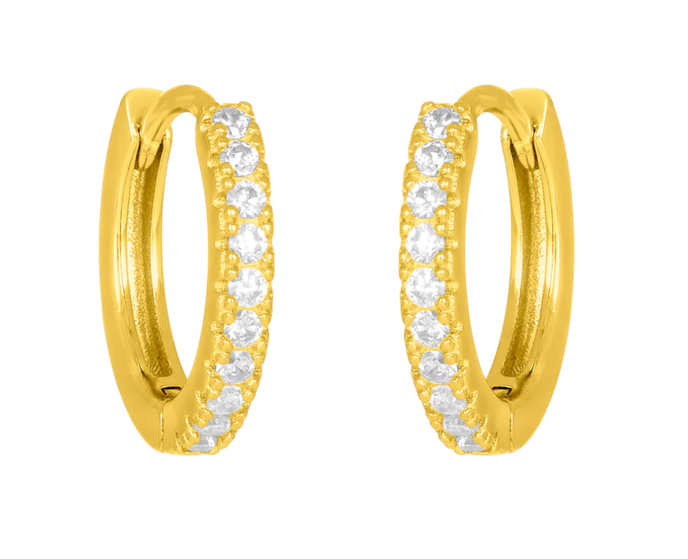 Gold fyb Petite Blythe Huggie Earrings in gold vermeil with sparkling cubic zirconia accents. Dainty, elegant hoops for daily wear. Available at Be Charmed.