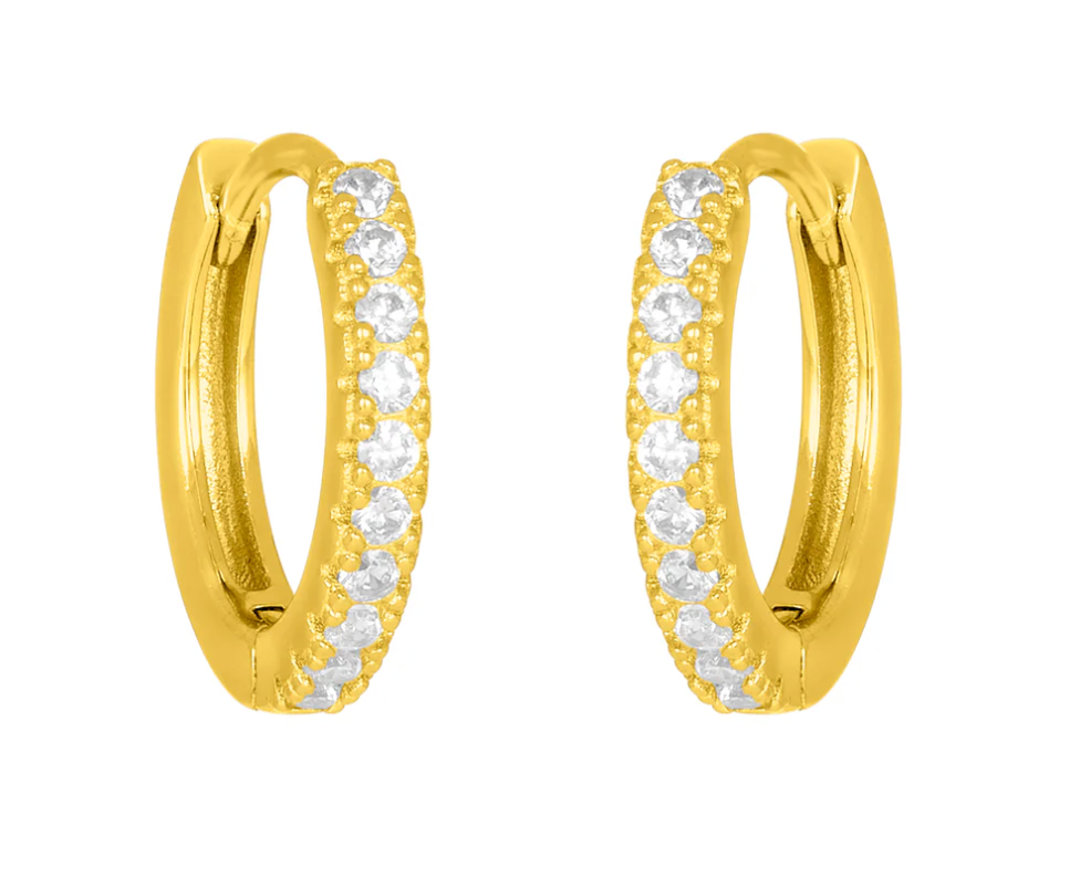 Gold fyb Petite Blythe Huggie Earrings in gold vermeil with sparkling cubic zirconia accents. Dainty, elegant hoops for daily wear. Available at Be Charmed.