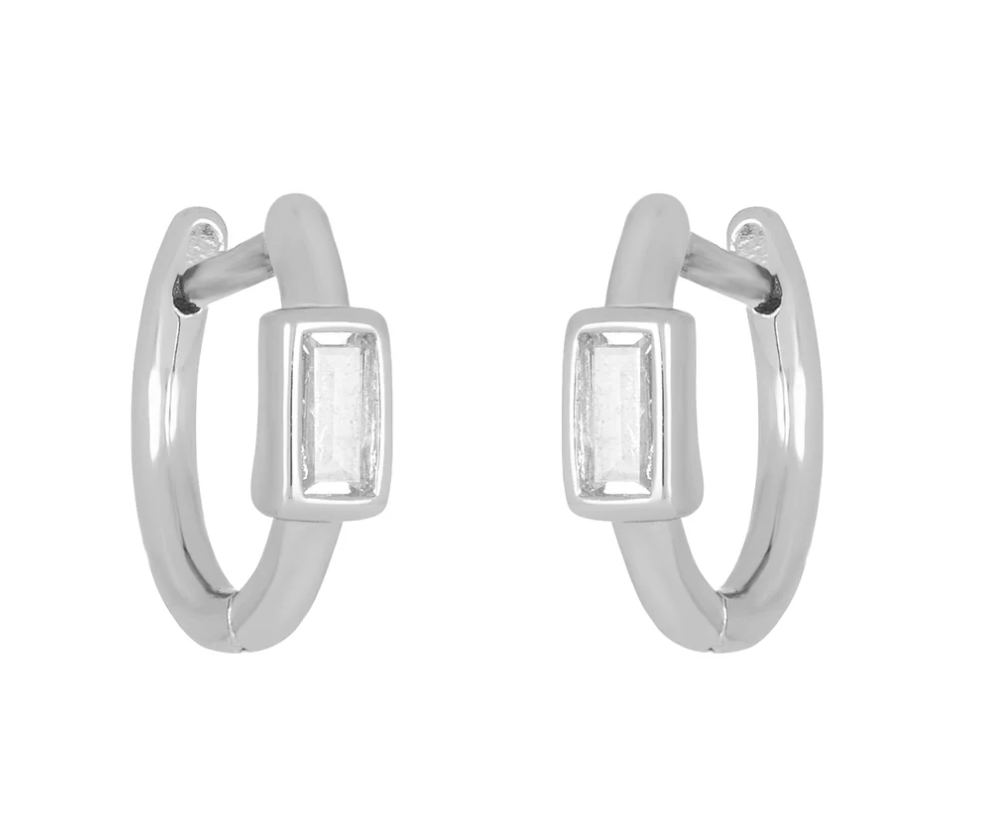 FYB Brynn Baguette Huggie silverearrings with cubic zirconia available at Be Charmed.