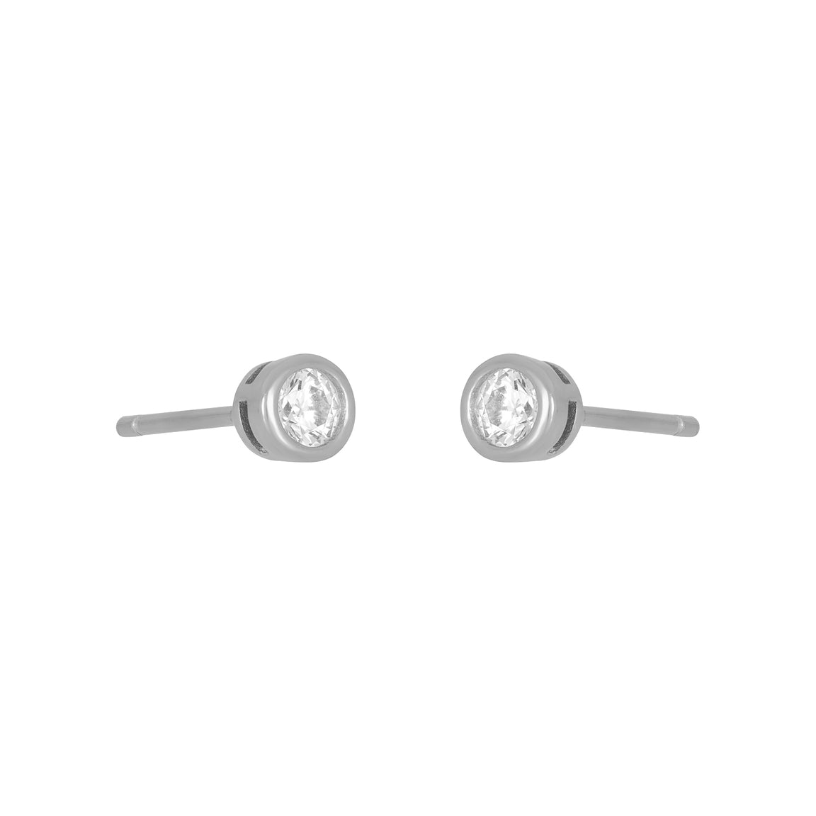 Silver fyb Marisol Bezel Stud Earrings in 3MM size, featuring bezel-set cubic zirconia in gold vermeil. Dainty, elegant studs perfect for layering. Available at Be Charmed.