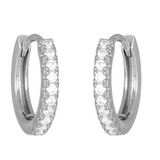 Silver fyb Petite Blythe Huggie Earrings in sterling silver with sparkling cubic zirconia accents. Dainty, elegant hoops for daily wear. Available at Be Charmed.