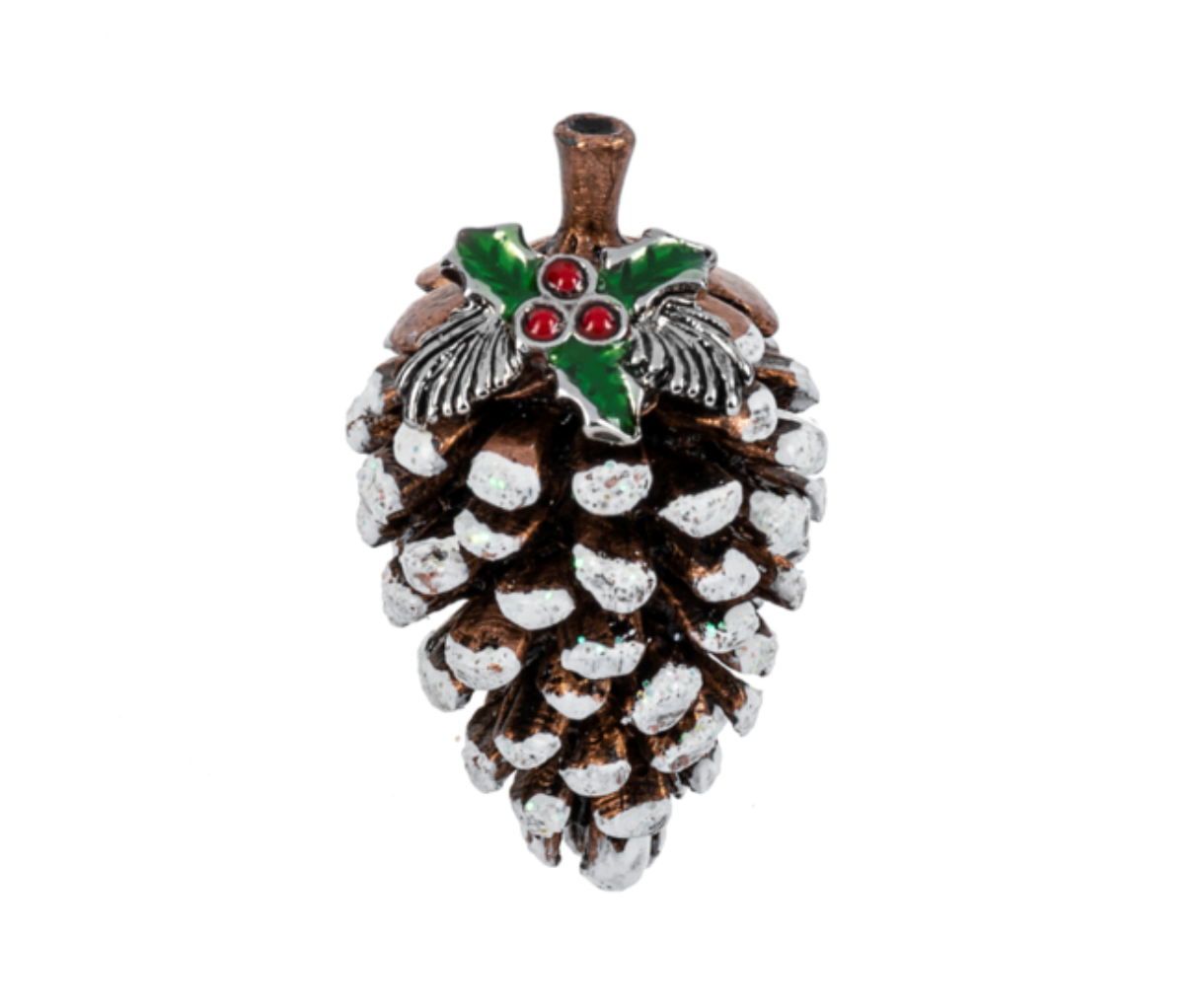 A small bronze-tone Ganz pinecone charm with white frosted snow tips and green holly detailing on top. Available at Be Charmed
