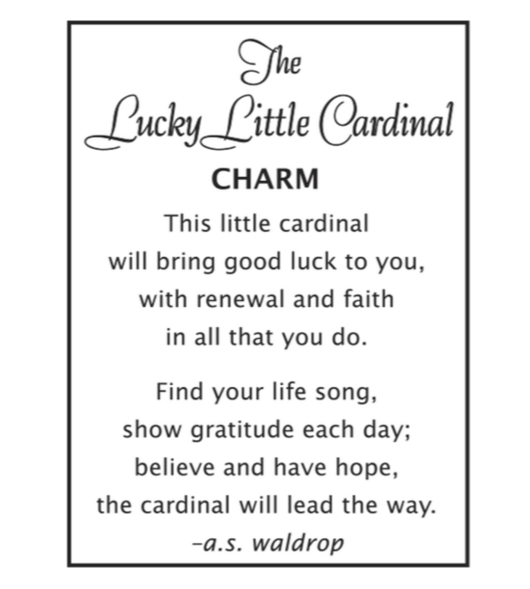 Ganz The Lucky Little Cardinal charm, detailed red enameled metal pocket token with story card available at Be Charmed