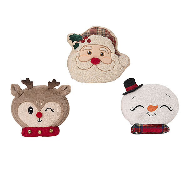 Three Christmas-themed plush toys: Santa, reindeer, and snowman, on a white background. Available at Be Charmed