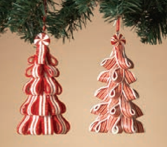 Gerson 4.5" Holiday Peppermint Ribbon Candy Tree Ornament – whimsical candy-inspired Christmas decoration. Available at Be Charmed.
