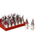 Set of decorative snowmen with striped hats in a red box on a white background. Available at Be Charmed