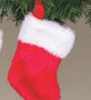 Small red and white Gerson Christmas stocking hanging on a tree branch. Available at Be Charmed. 