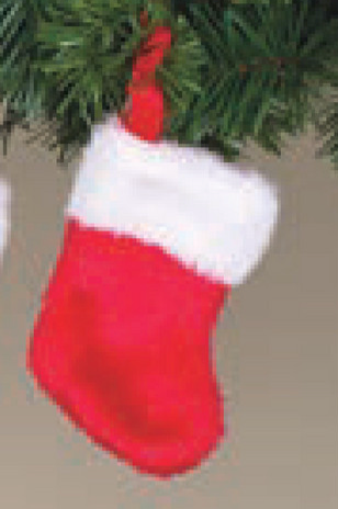 Small red and white Gerson Christmas stocking hanging on a tree branch. Available at Be Charmed. 