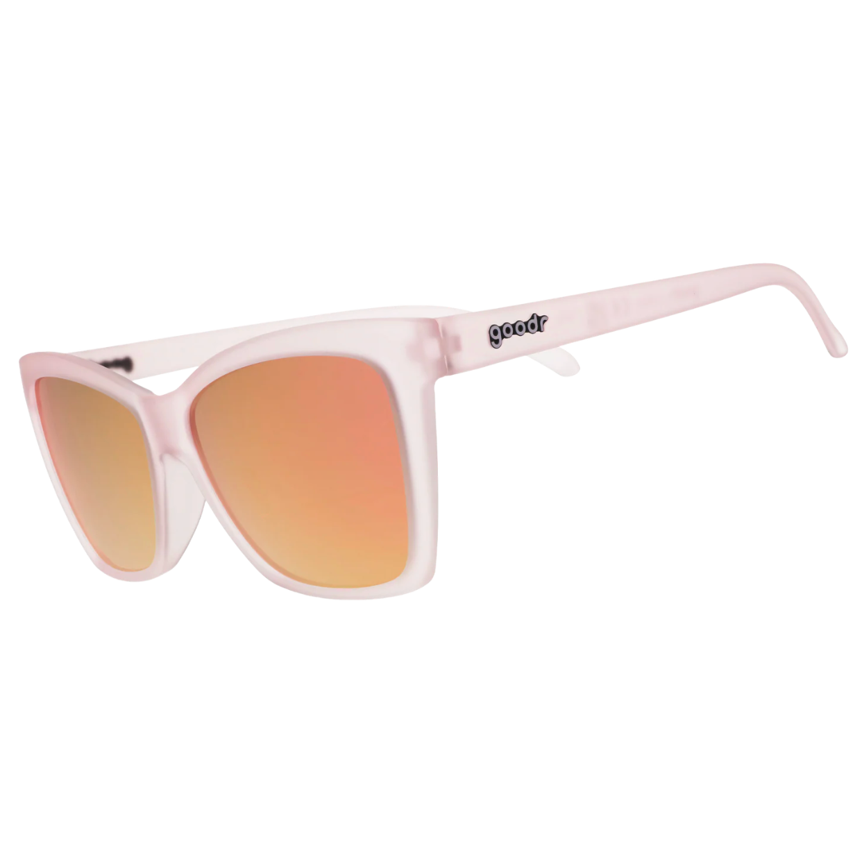 Pink sunglasses with orange-tinted lenses on a white background. Available at Be Charmed