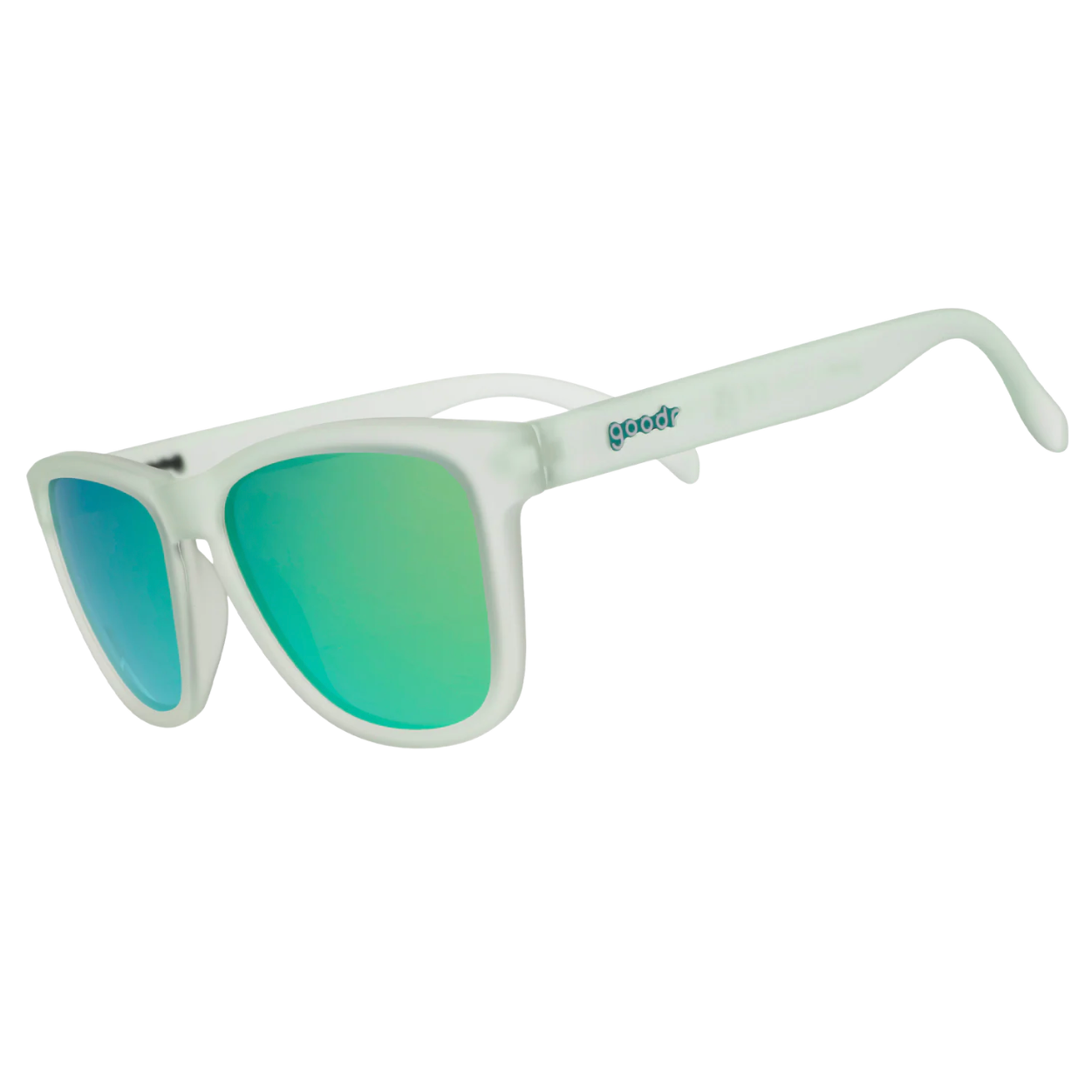 White sunglasses with green lenses on a white background. Available at Be Charmed