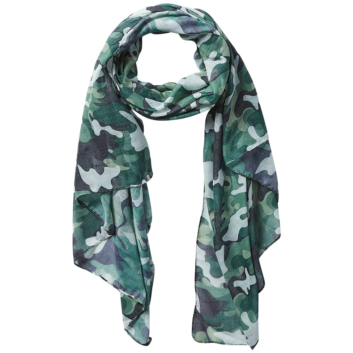 Camouflage patterned scarf on a white background. Available at Be Charmed