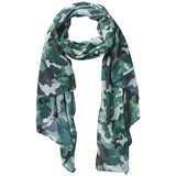 Camouflage patterned scarf on a white background. Available at Be Charmed