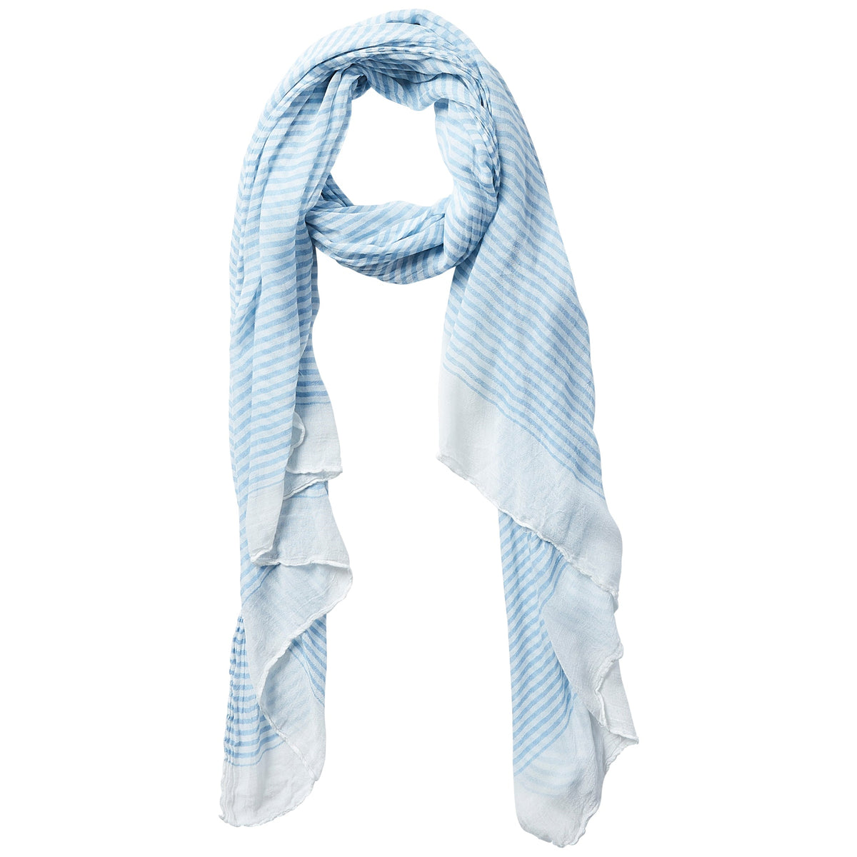 Light blue striped insect shield scarf on a white background. Available at Be Charmed