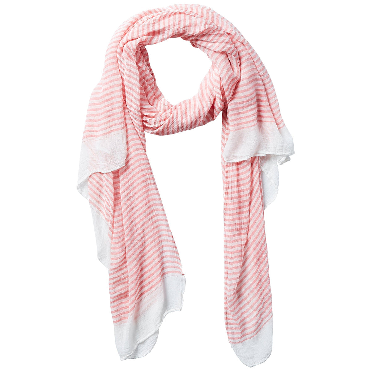 coral and white striped insect shield scarf on a white background. Available at Be Charmed