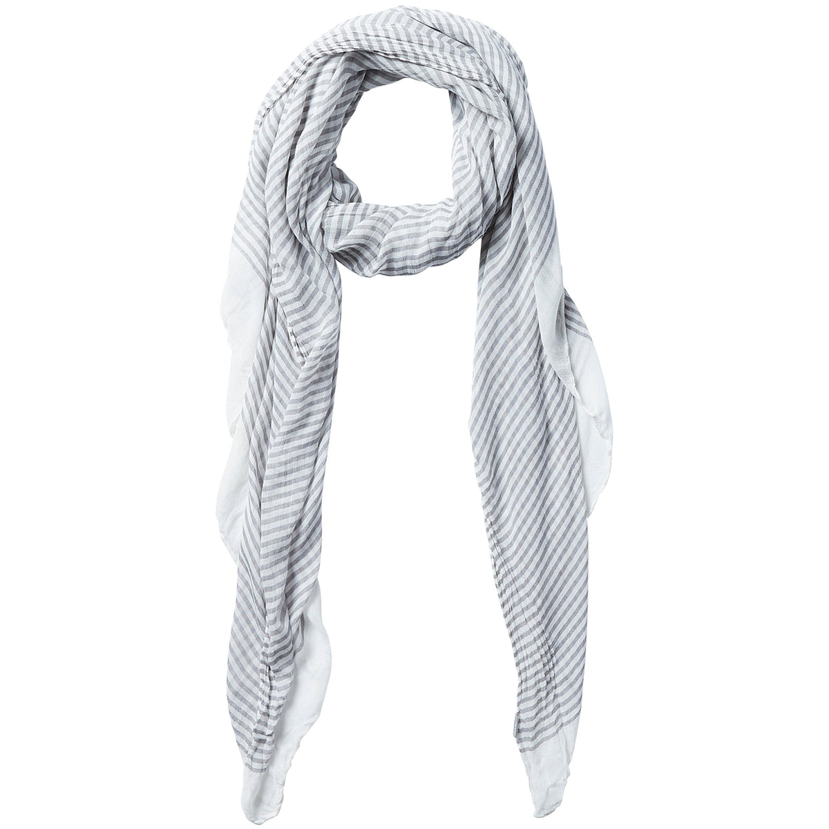 Striped gray insect shield scarf on a white background. Available at Be Charmed