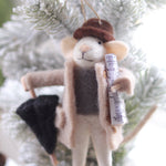 Plush mouse ornament with a hat and scarf on a Christmas tree. Available at Be Charmed