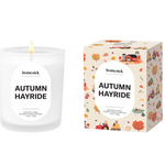 Homesick Autumn Hayride candle and packaging on a white background. Available at Be Charmed. 